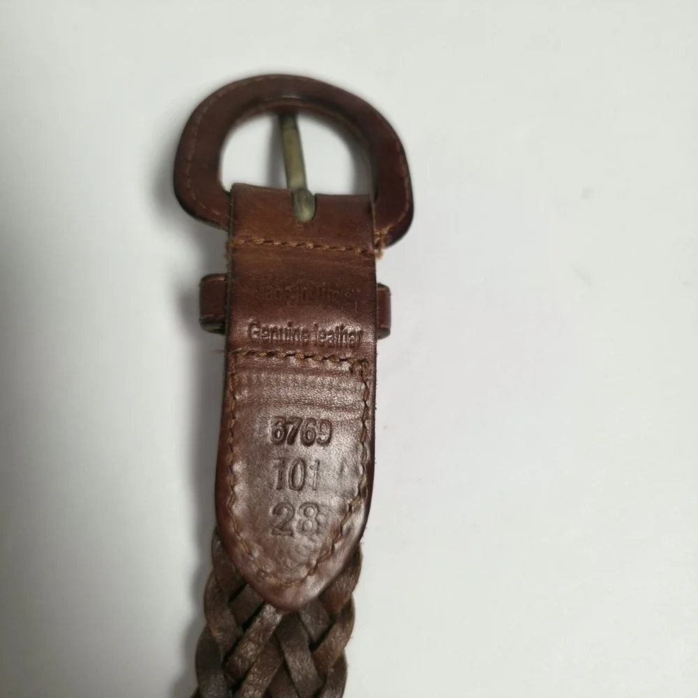 Vintage Woven Braided Brown Leather Belt Size 28 Boho Hippie Leather Buckle 6769